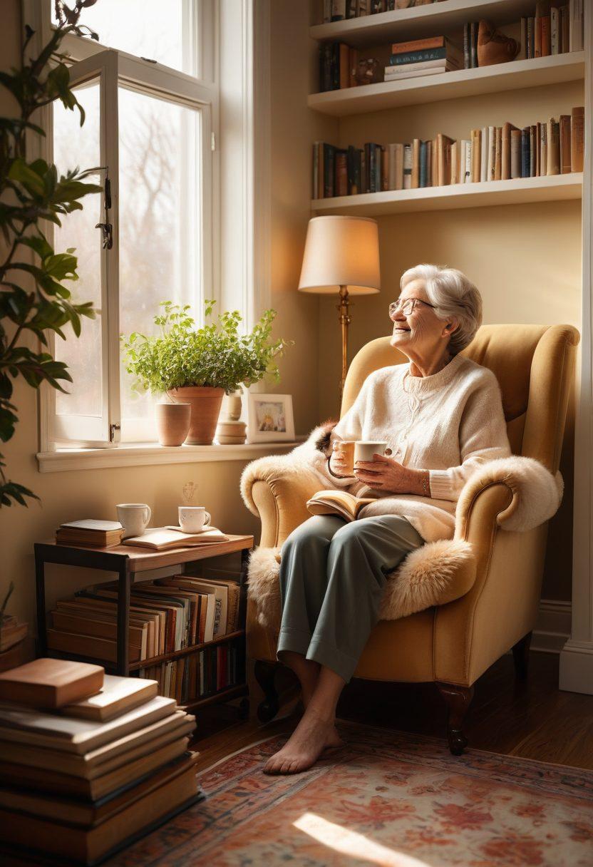 A cozy living room scene featuring an elderly person sitting comfortably in an armchair, with a smiling caregiver sitting beside them, sharing a warm cup of tea. Sunlight streams through the window, illuminating their faces filled with joy and companionship. Add shelves filled with books and a small dog resting at their feet to symbolize warmth and inclusion. soft focus. warm colors. super-realistic.