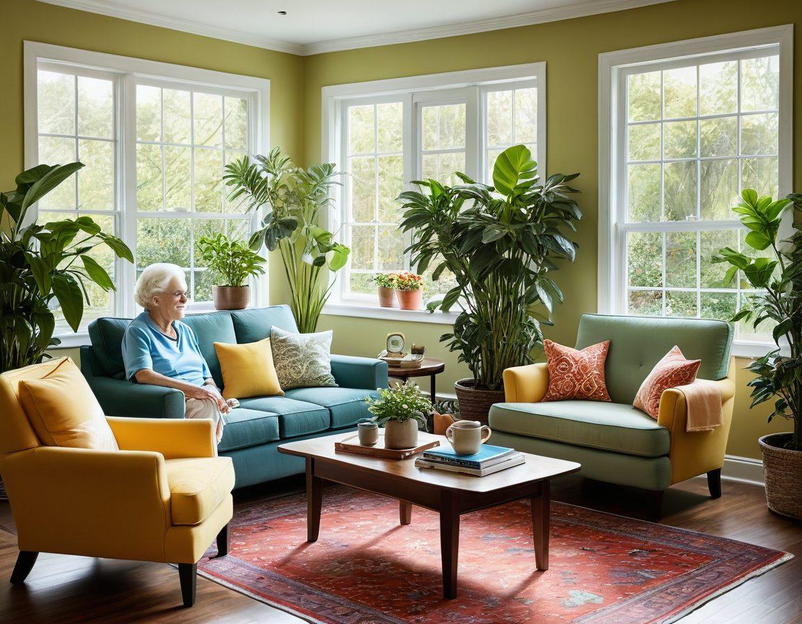 A cozy, sunlit living room filled with soft, colorful furniture, featuring an elderly person happily engaging in a hobby with a caregiver. Lush indoor plants add freshness, while family photos on the walls convey warmth and connection. A window shows a beautiful garden view, symbolizing tranquility. super-realistic. vibrant colors. soft focus.