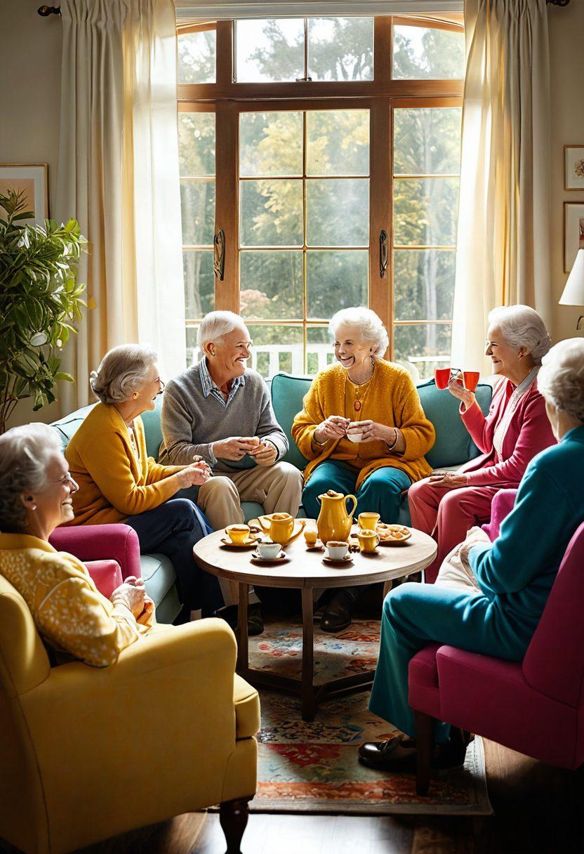 A warm and inviting scene depicting a group of cheerful seniors engaging in fun activities together, such as playing board games and sharing laughter in a cozy living room adorned with colorful decor. Showcase the joy and companionship, highlighting bright smiles and comforting elements like soft blankets and herbal tea. Include a window with sunlight streaming in to enhance the joyful atmosphere. super-realistic. warm colors. cozy setting.
